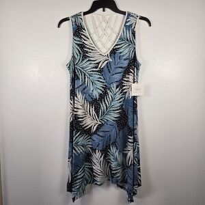 NEW Perseption Concept Blue White Stretch Palm Leaf Tropical Tank Dress Large